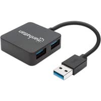 Black Manhattan USB-A 4-Port Hub with attached cable, compact square design, and blue-accented USB 3.0 ports.