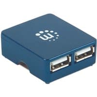 Blue Manhattan USB-A 4-Port Micro Hub with four USB-A ports, compact design, and white logo on top.