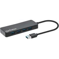 Black Manhattan USB-A hub with 7 ports, 15cm cable, USB 3.2 Gen1, no external power needed, compact rectangular design.
