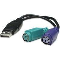 Black Manhattan USB-A to PS/2 converter cable, 15cm, with male USB-A and two female PS/2 connectors in teal and purple.
