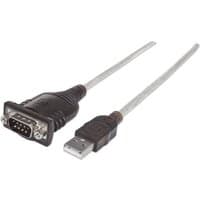 Black and silver Manhattan USB-A to Serial Converter cable, 45cm, with FTDI FT232RL Chip, male connectors.