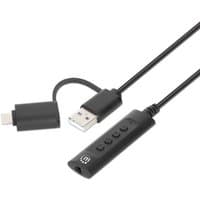 Black Manhattan USB-C & USB-A to 3.5 mm audio adapter with inline control buttons and sleek design.