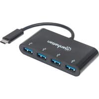 Black Manhattan USB-C hub with four USB-A ports, 20cm cable, compact design, no external power needed, three-year warranty.