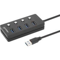 Black Manhattan USB-C hub with four USB-A ports, individual on/off switches, and 1.5m cable.