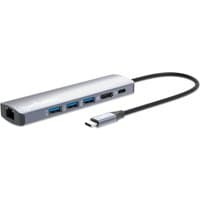 Sleek silver Manhattan USB-C dock with Ethernet, HDMI, 3 USB-A, USB-C ports, and attached USB-C cable.