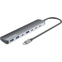 Space Grey Manhattan USB-C Dock with 3 USB-A and 4 USB-C ports, slim aluminum design, attached USB-C cable.