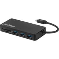 Black Manhattan USB-C dock with card reader, three USB-A ports, and attached cable, compact design, no external power needed.