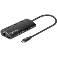 Black Manhattan USB-C hub with Ethernet, HDMI, USB-A (x3), USB-C ports, card reader, and attached cable, aluminum finish.