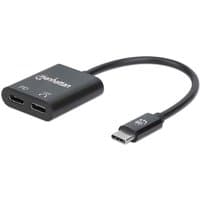 Black Manhattan USB-C to USB-C audio adapter with 11cm cable, dual ports, and power delivery support.