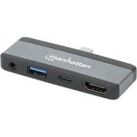 Black/Space Grey Manhattan USB-C Travel Dock with HDMI, USB-A, USB-C, 3.5mm audio ports, compact design, no external power needed.