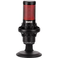 Black MARVO Scorpion USB RGB gaming microphone with red LED lights and noise-cancelling feature on a round base.