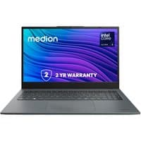 Gray Medion Akoya laptop with 15.6-inch display, Intel Core Ultra 5, 16GB RAM, 1TB SSD, and 2-year warranty badge.