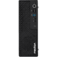 Black Medion mini PC tower with textured front, Intel Core Ultra 5, USB ports, and power button on top right.