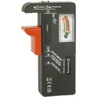 Black Mercury battery tester with red slider and analog display for AA, AAA, 9V, and watch batteries.