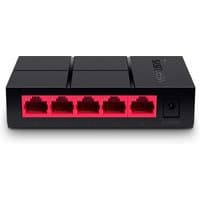 Black Mercusys 5-Port Desktop Switch with red Ethernet ports and compact rectangular design.