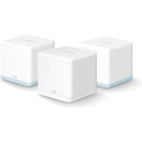 White Mercusys AC1200 mesh Wi-Fi system with three cube units, subtle logo on top, and light blue base accents.