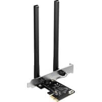 Mercusys AC1200 PCIe adapter with dual black antennas and silver bracket for Wi-Fi and Bluetooth connectivity.