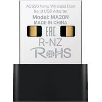 Black and silver Mercusys AC650 Nano USB adapter with dual gold connectors and model details printed on the surface.