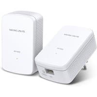 White Mercusys AV1000 Gigabit Powerline adapters with Ethernet ports and LED indicators, compact design with plug prongs.