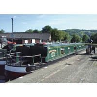 Green narrowboat "Merlin" with white trim, moored by a canal, surrounded by trees and buildings in the background.