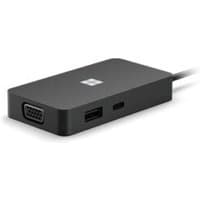 Black Microsoft laptop dock with USB-C, USB-A, and VGA ports, rectangular design with logo on top.