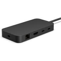 Black Microsoft Surface USB4 Dock with multiple ports including HDMI, USB-C, and Ethernet, sleek rectangular design.
