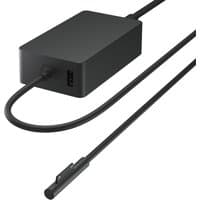 Black Microsoft laptop charger with rectangular AC adapter and long cable.