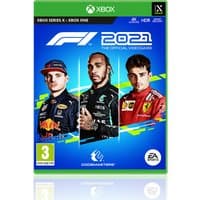 Xbox One F1 2021 game cover featuring three drivers, green border, and bold blue background.