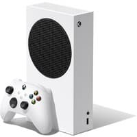 White Xbox Series S 1TB console with black vent and matching wireless controller.