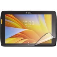 Clear Mobilis tablet screen protector on Zebra device, single piece, with corner slightly peeled back.