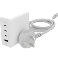 White Mophie wall adapter with 3 USB-C ports, 1 USB-A port, and UK plug, featuring a compact rectangular design.