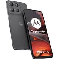 Grey Motorola moto g15 smartphone with triple rear cameras, large display, and centered front camera.