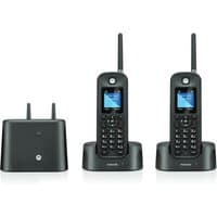 Black Motorola RUGGEDISED DECT TWIN phones with antennas, color screens, keypads, and charging bases.