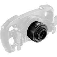 Black Moza Racing Wheel Base Quick Release Adapter with circular design and visible logo, attached to a steering wheel.