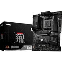 MSI B550-A PRO motherboard with black heatsinks, AM4 socket, ATX form factor, next to product box.