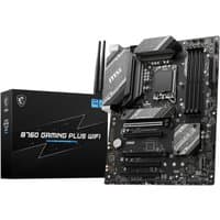 MSI B760 GAMING PLUS WIFI motherboard, black with heatsinks, LGA 1700 socket, ATX form, dual antennas, box included.