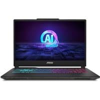 MSI Cyborg 15 laptop with black chassis, RGB backlit keyboard, and AI-themed screen display.