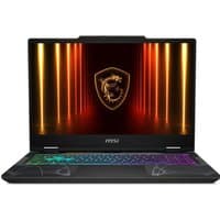 Black MSI Cyborg 15.6" laptop with RGB keyboard, featuring a sleek design and MSI logo on the screen.