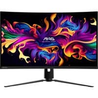 Curved MSI MAG 321CUP QD-OLED monitor, 31.5", 3840x2160, with vibrant colorful display and sleek black stand.