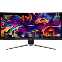 Curved MSI MAG 341CQP QD-OLED monitor, 34" display, 3440x1440 resolution, slim bezels, silver stand.