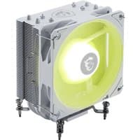 White MSI MAG COREFROZR AA13 hybrid cooler with 12 cm fan, LED lighting, and sleek metal fins.