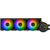 Black MSI liquid cooling kit with three 12 cm RGB fans and circular pump unit.