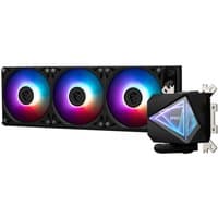 Black MSI MAG Coreliquid I360 cooler with three RGB fans and geometric pump design.