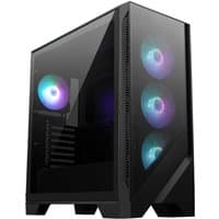 Black MSI MAG Forge 320R AIRFLOW Micro Tower with transparent side panel and RGB-lit cooling fans.