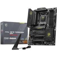 MSI MAG X870 TOMAHAWK WIFI motherboard, black with silver accents, AM5 socket, ATX form factor, includes antenna.