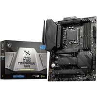 MSI MAG Z790 TOMAHAWK WIFI motherboard, black with heatsinks, LGA 1700 socket, ATX form, next to product box.