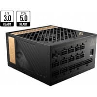 Black MSI MEG AI1300P power supply unit, 1300W, 24-pin ATX, with grid design and multiple output ports.