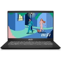 Black MSI Modern 14 laptop with 14" screen displaying colorful illustration, sleek design, and backlit keyboard.