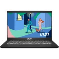 Black MSI Modern 14 laptop with 14" display, sleek design, illuminated keyboard, and MSI logo on the lid.