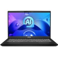 Black MSI Modern 15 laptop with AI-themed screen, slim bezels, and backlit keyboard.